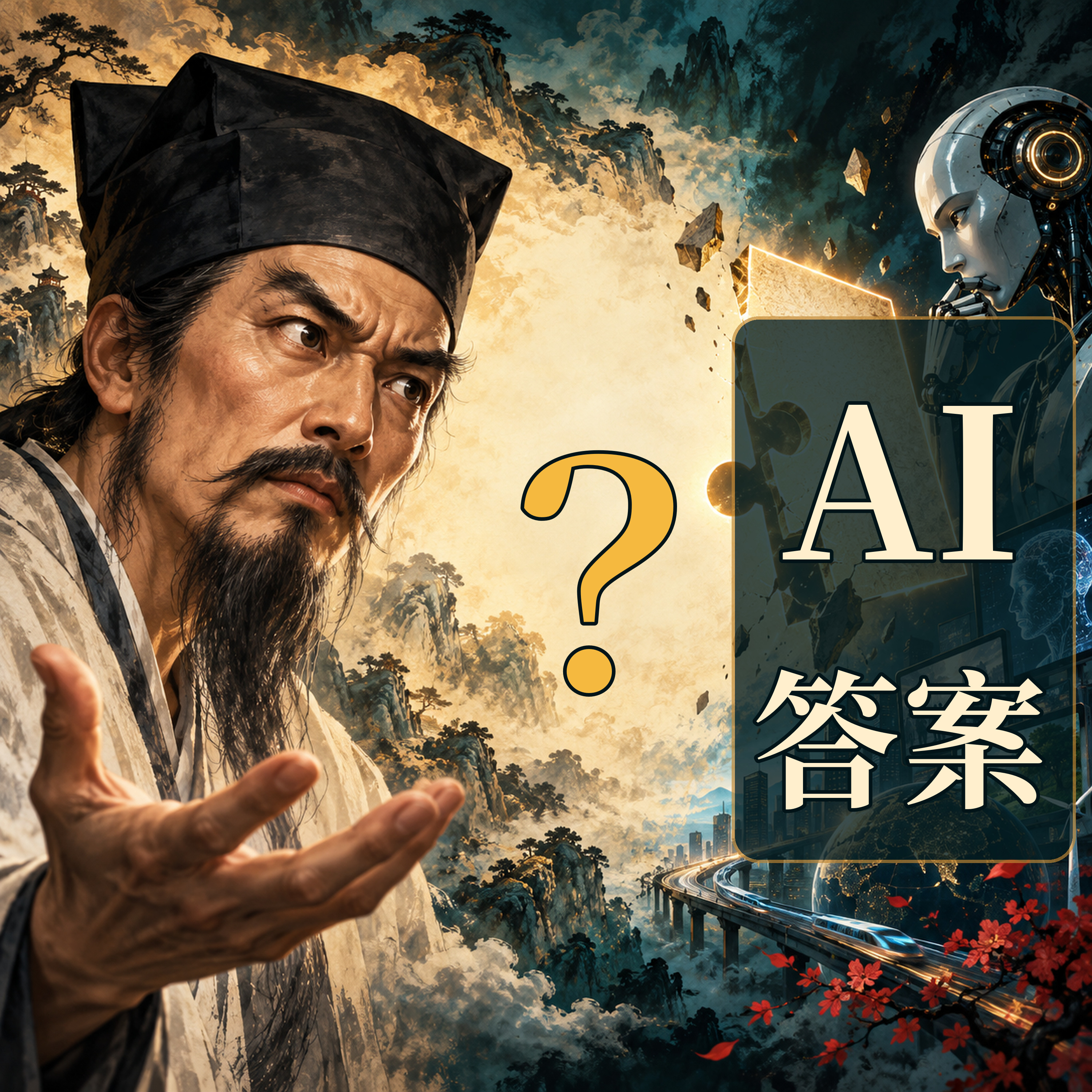 王陽明與AI答案形成對立，中央問號